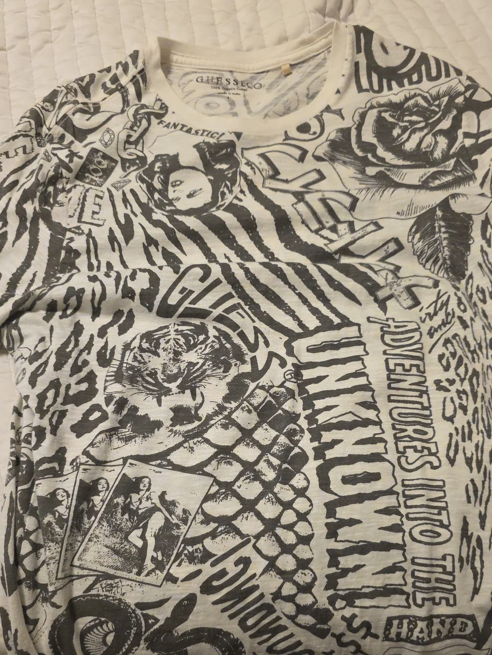 GUESS White Short Sleeve Graphic Tee with Black Illustrations - Picture 1 of 4